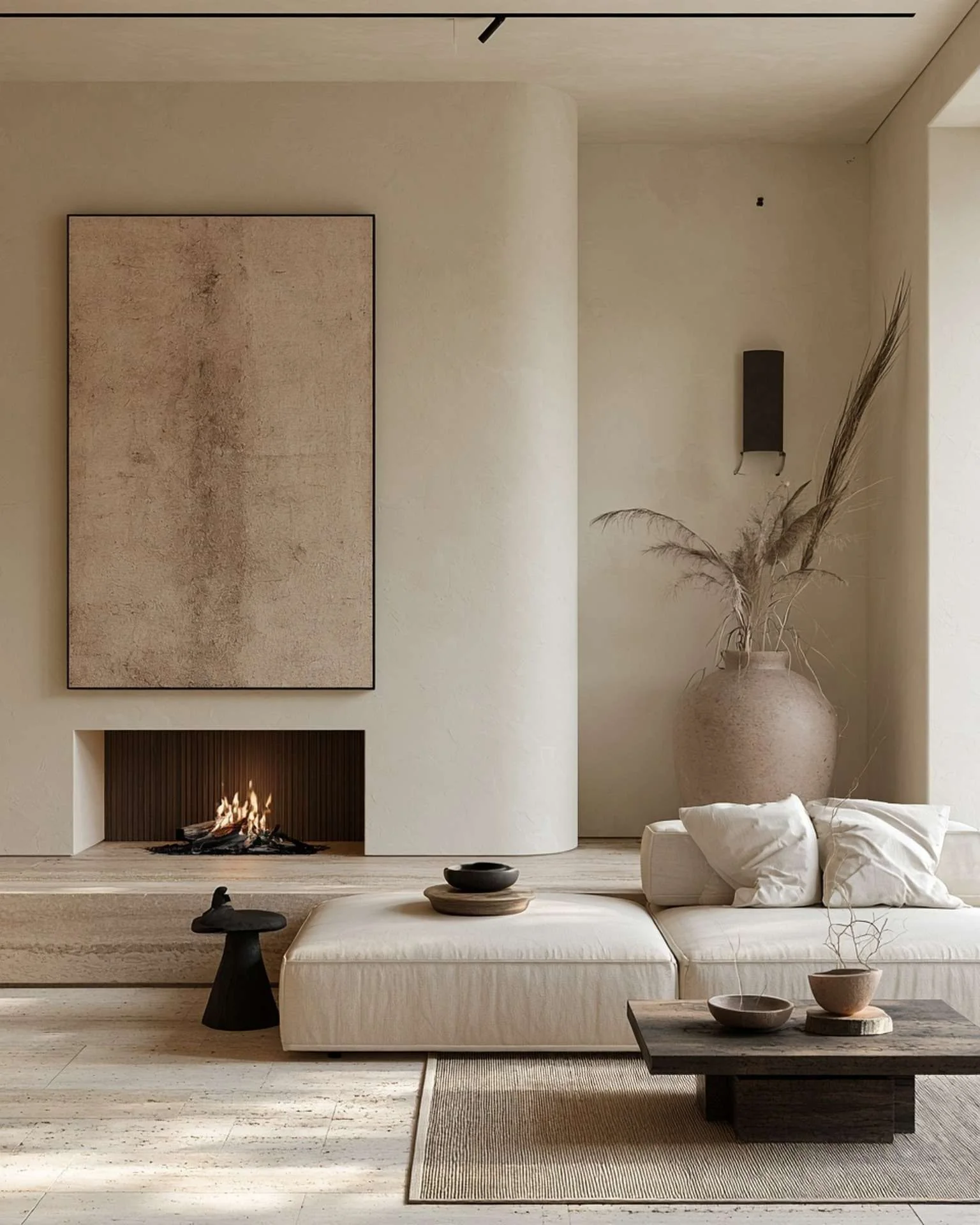 A minimalist, neutral-toned living room with a low cream modular sofa topped with white pillows, a dark wooden coffee table holding ceramic bowls, a curved plaster wall featuring a built-in linear fireplace with a large textured abstract artwork above it, a sculptural black side stool, and a large earthen vase filled with dried pampas grass.