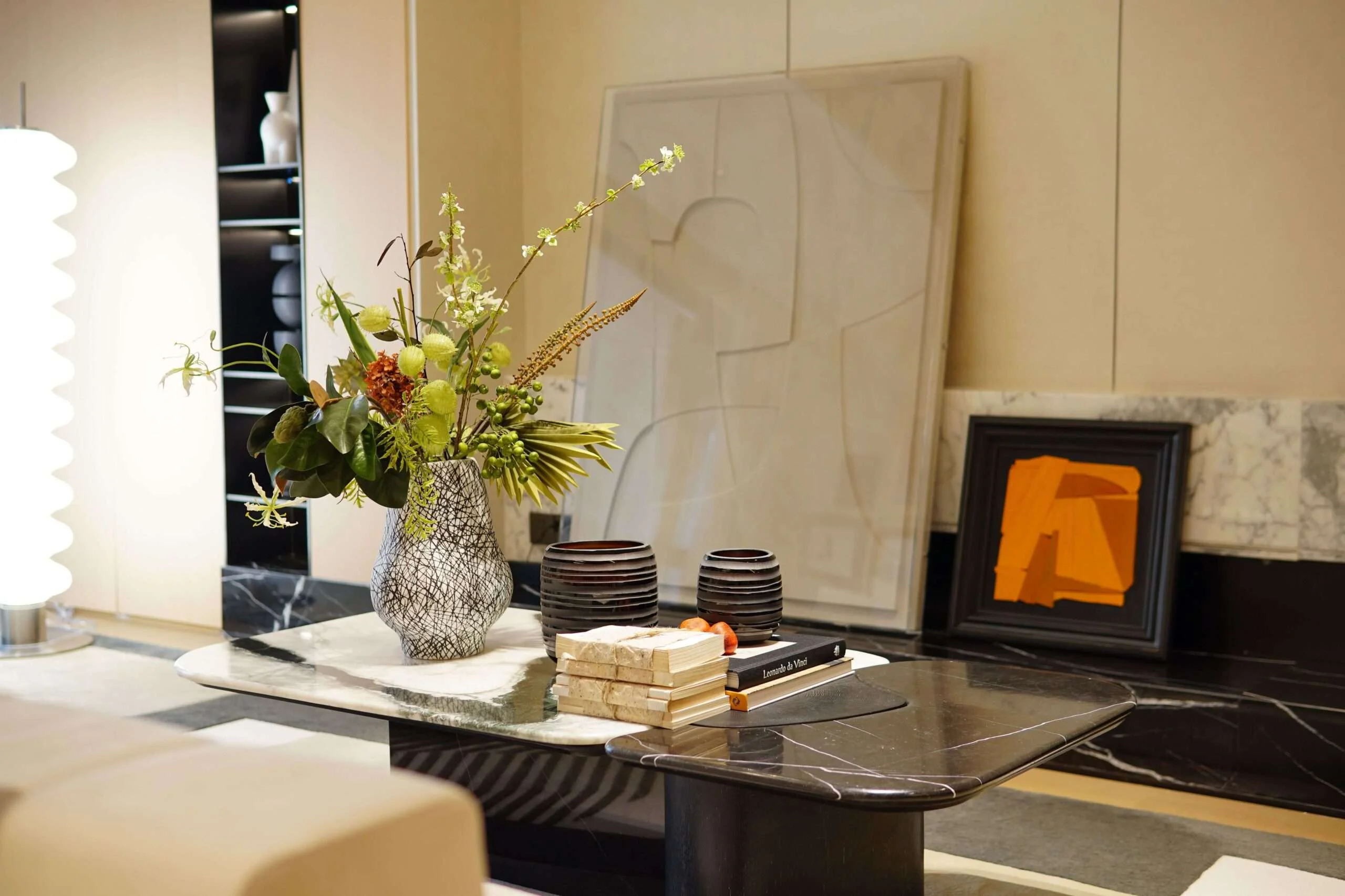 contemporary drawing room with comfortable seating and decorative accents